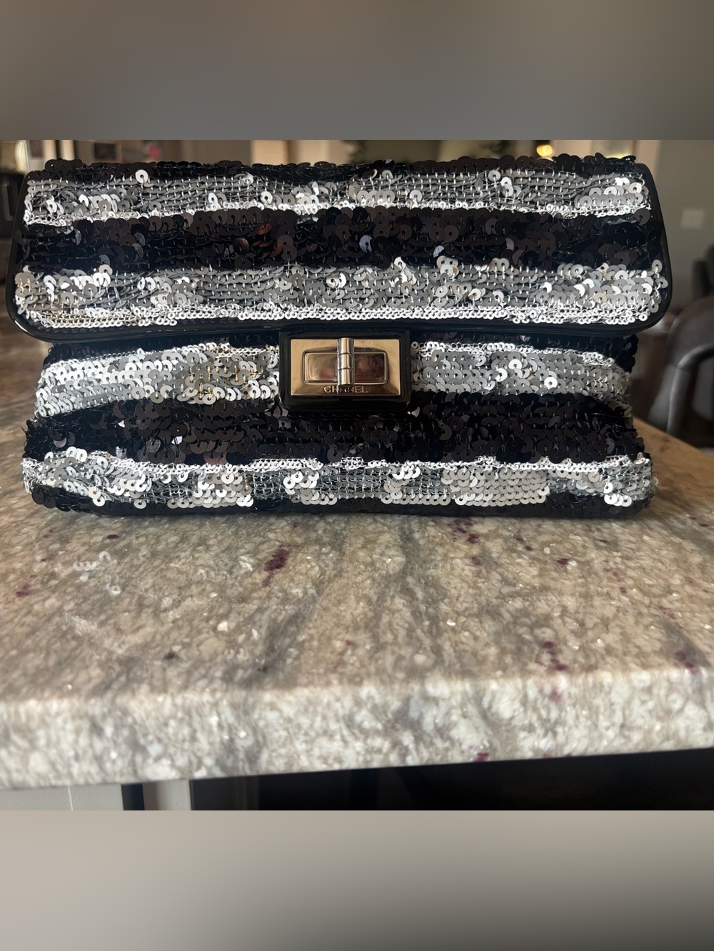 Chanel 2.55 Reissue Black & Silver Sequin Flap Bag Silver Hardware
